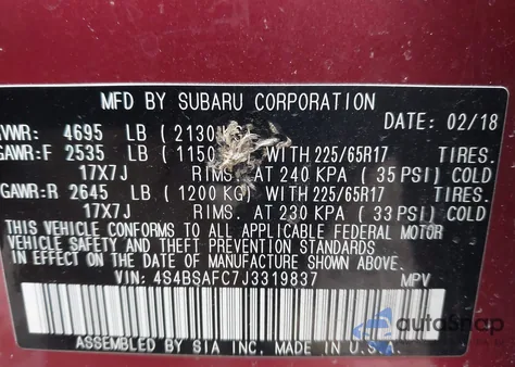 2018 Subaru Outback 2.5I Premium from USA, damaged, VIN 4S4BSAFC7J3319837